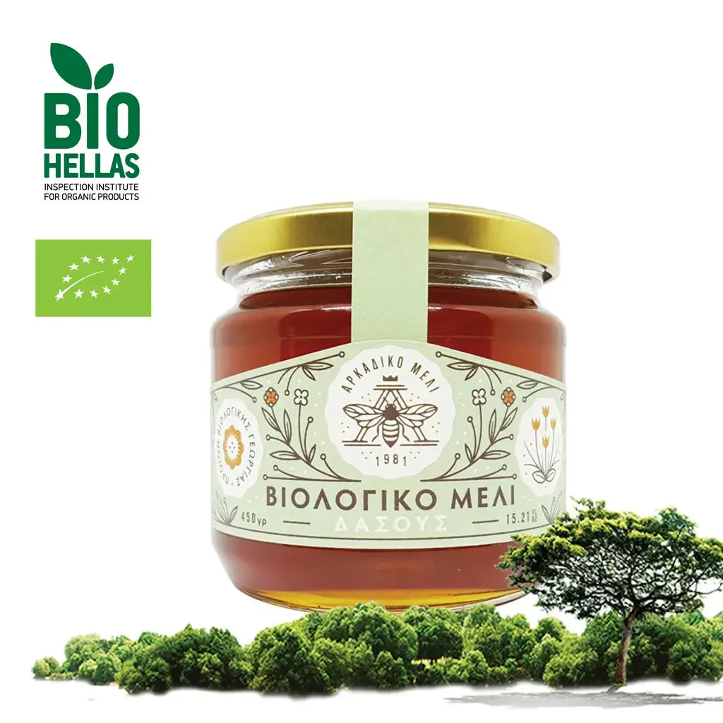 Jar of honey with a label and Bio Hellas logo on a white background