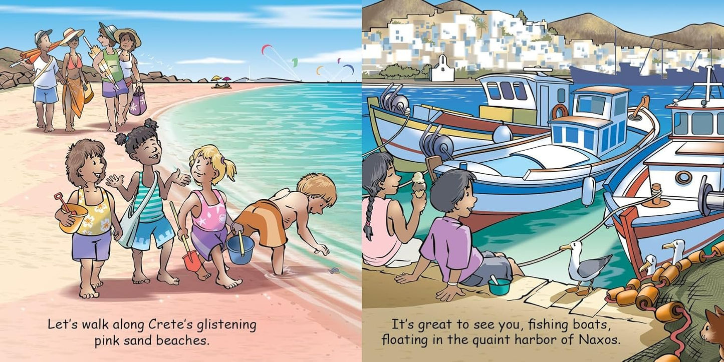 Illustration of children on a beach and at a harbor with boats.