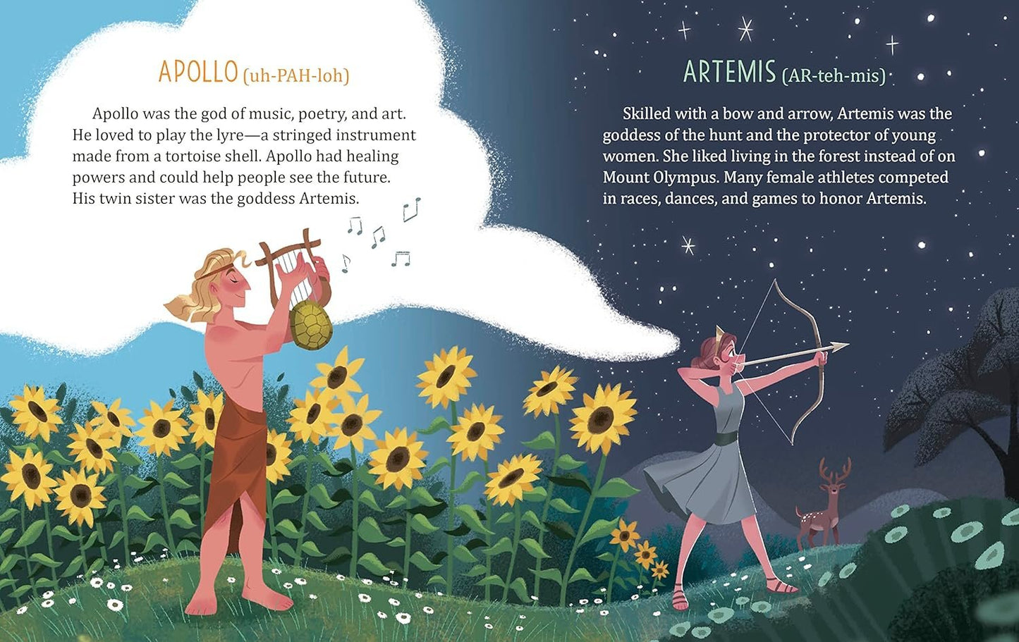 Illustration of Apollo and Artemis with descriptive text on a night sky background