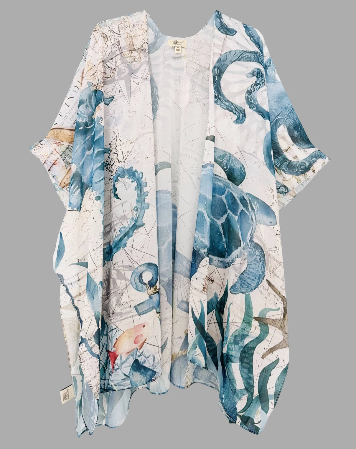 Long, light-colored kimono with blue and green sea-themed patterns on a gray background