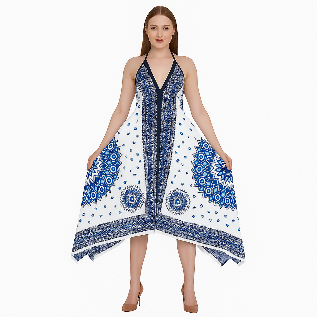 Woman wearing a white dress with blue patterns mati (evil eye) on a white background