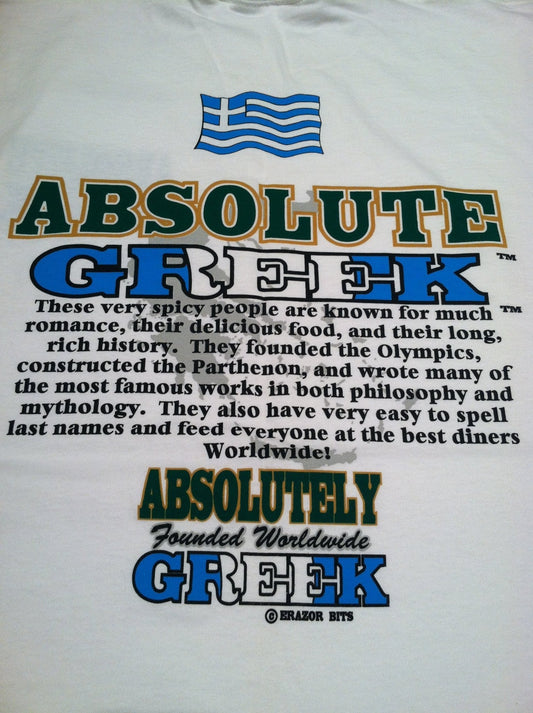 T-shirt with 'Absolute Greek' text and graphics on a white background