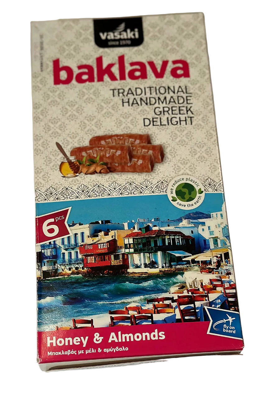 Box of Vaski baklava with Greek-themed design on a white background