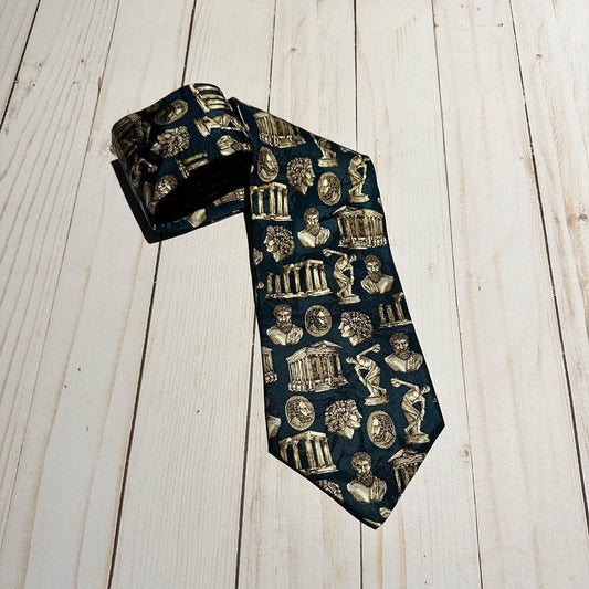 Tie with classical architecture and figure Greek design on a wooden surface