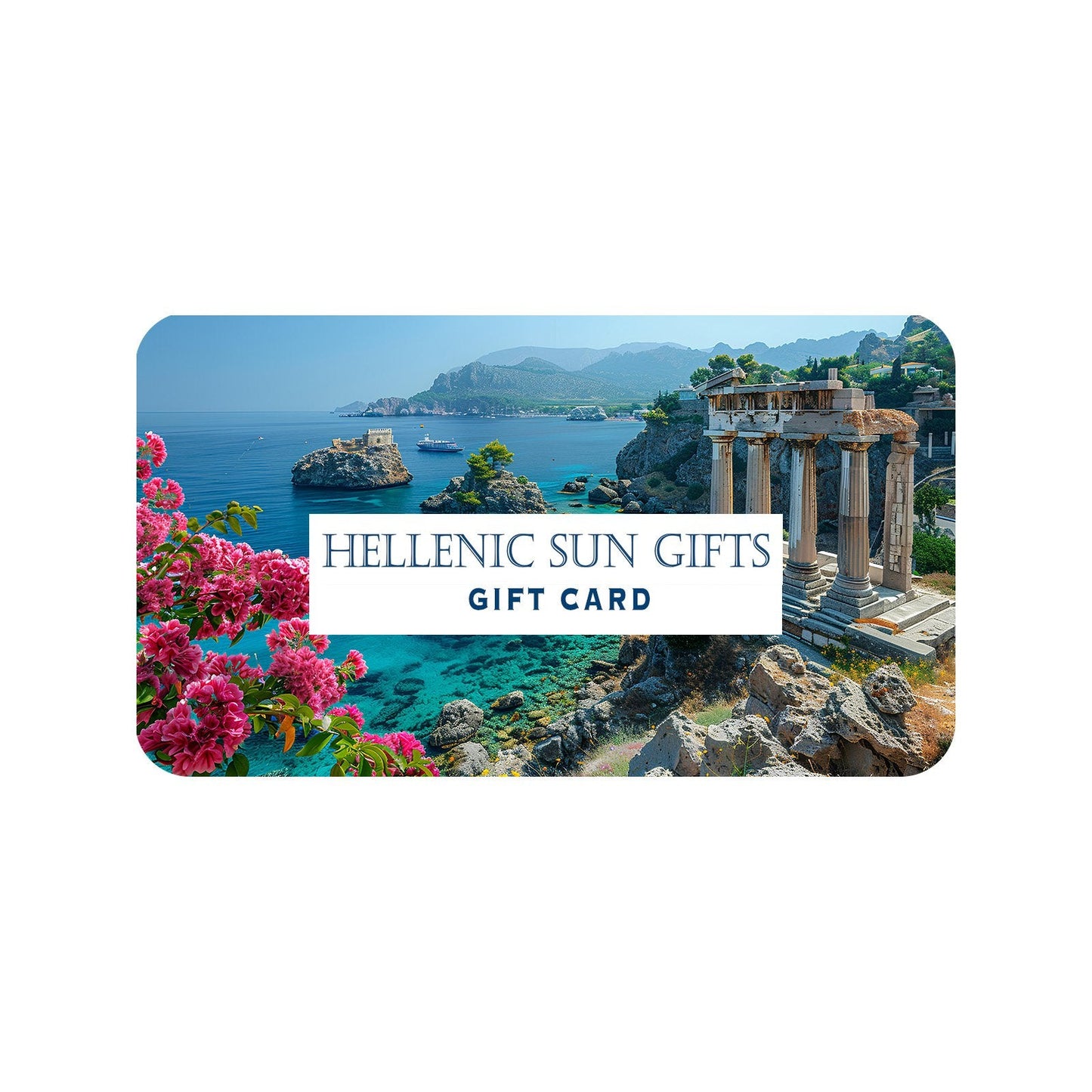 Gift card with Greek temple and sea view, featuring 'Hellenic Sun Gifts' text.