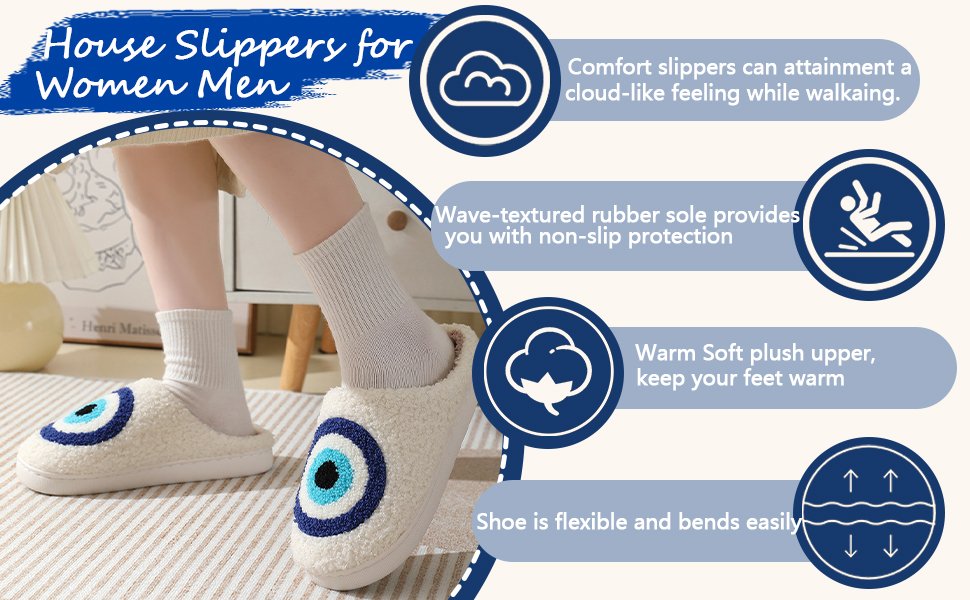 Evil eye design house slippers for women and men with text highlighting features and benefits like comfort, non-slip sole, and flexibility