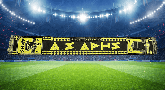 Scarf with 'Salonika AS APHS' branding on a football stadium background