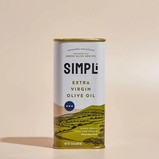 Can of Simpli Extra Virgin Olive Oil on a beige background
