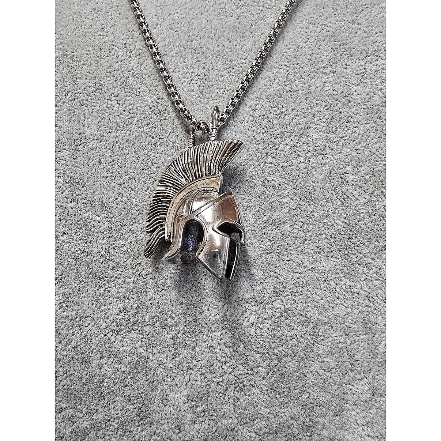 Spartan Helmet pendant necklace—front view with raised crest on stainless steel, 23-inch chain