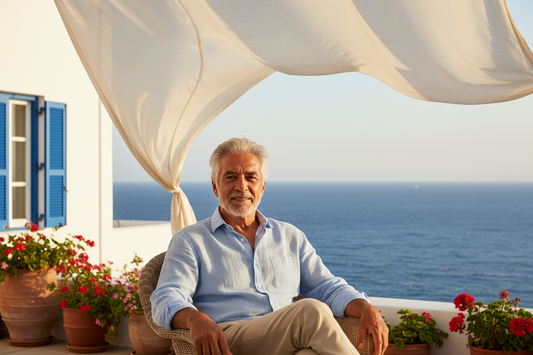 Greek father sitting on a Santorini veranda
