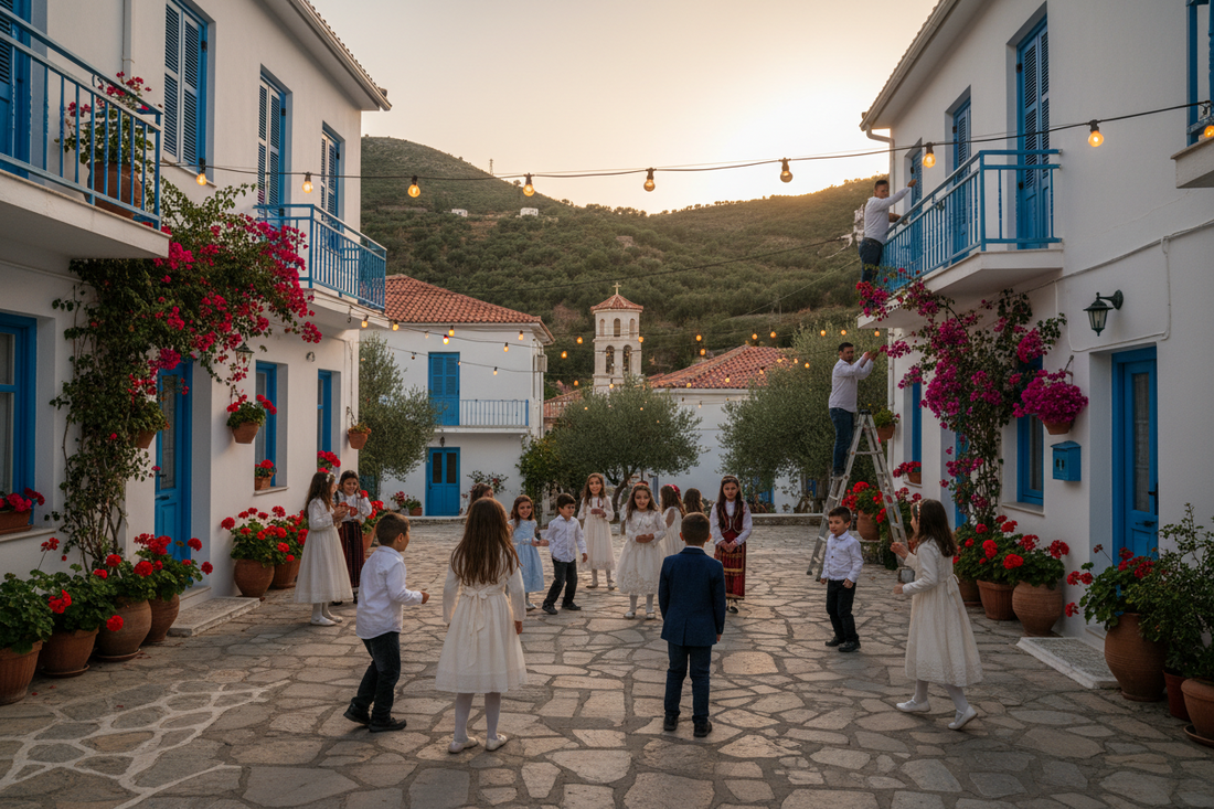 Greek children playing in Greek mountain village court yard.