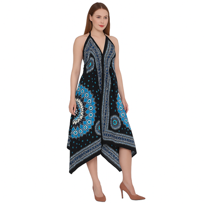 Woman wearing a black dress with blue and white patterns mati (evil eye) on a white background