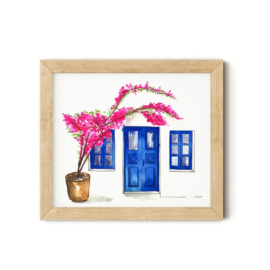 Framed artwork of a pink floral arrangement in front of blue doors on a white background
