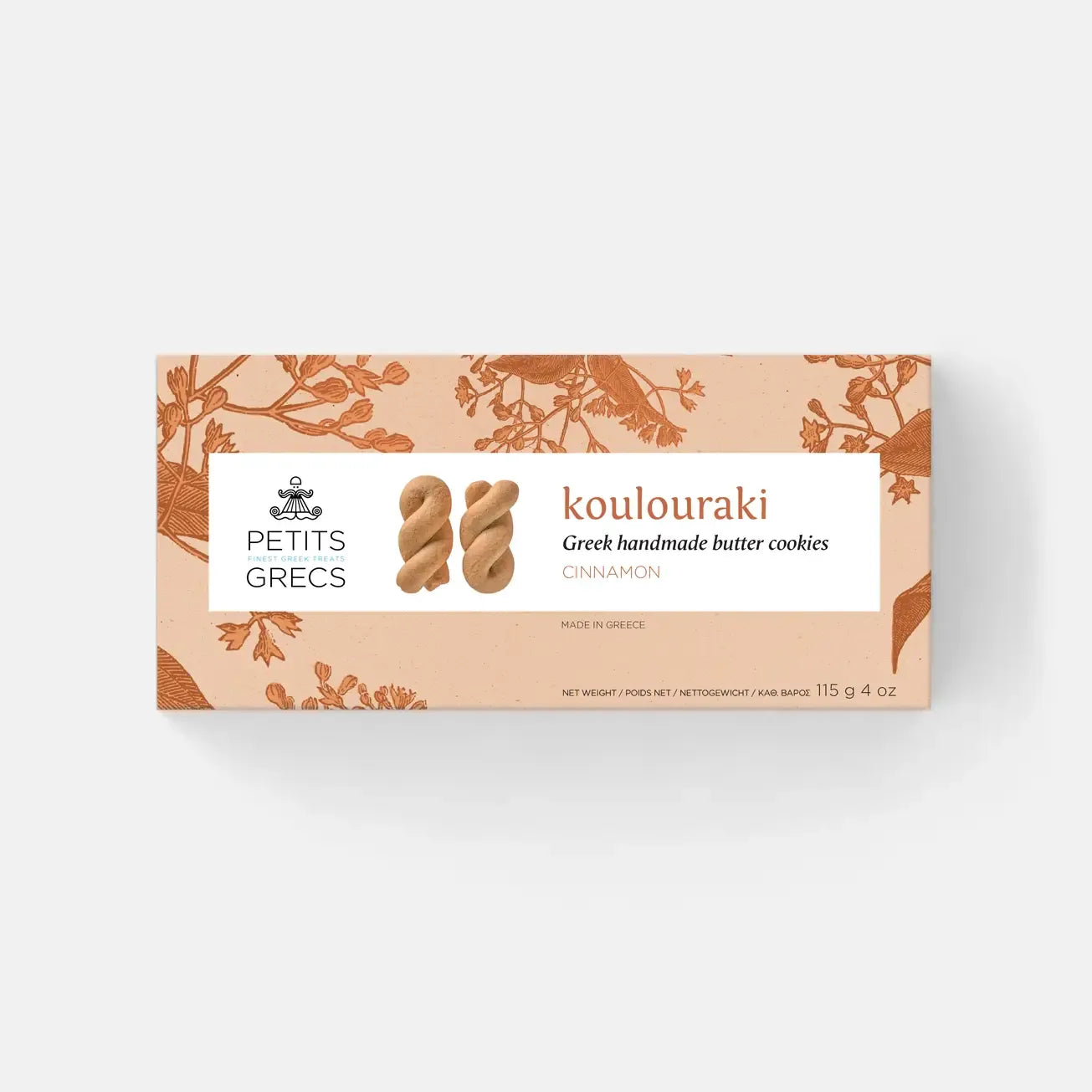 Box of Petits Grecs koulouraki cookies on a white background