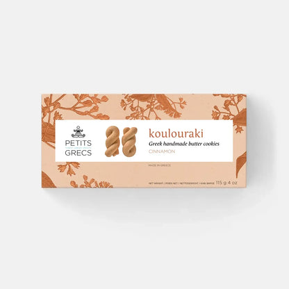 Box of Petits Grecs koulouraki cookies on a white background