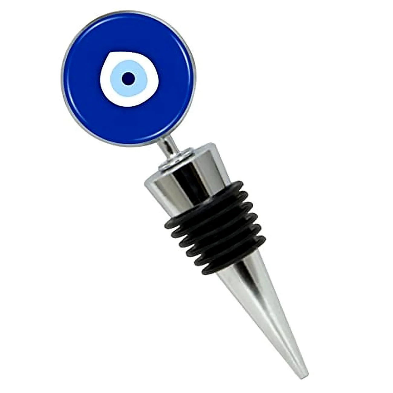Wine bottle stopper with blue circular design featuring an eye on a white background
