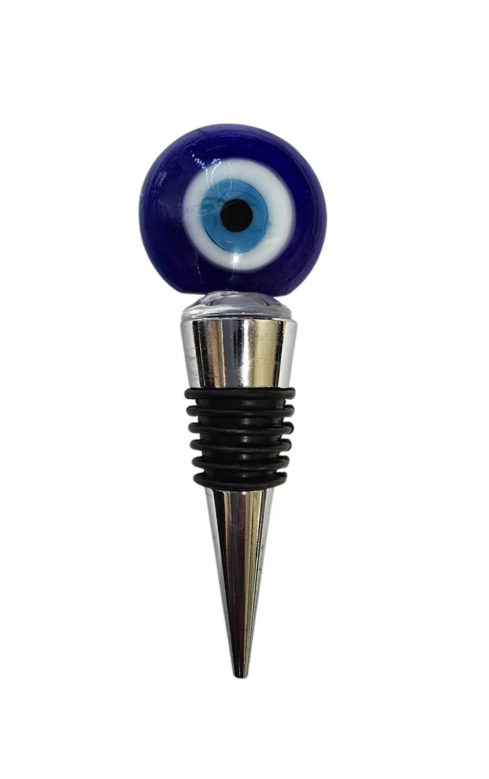 Bottle stopper with blue evil eye design on a white background