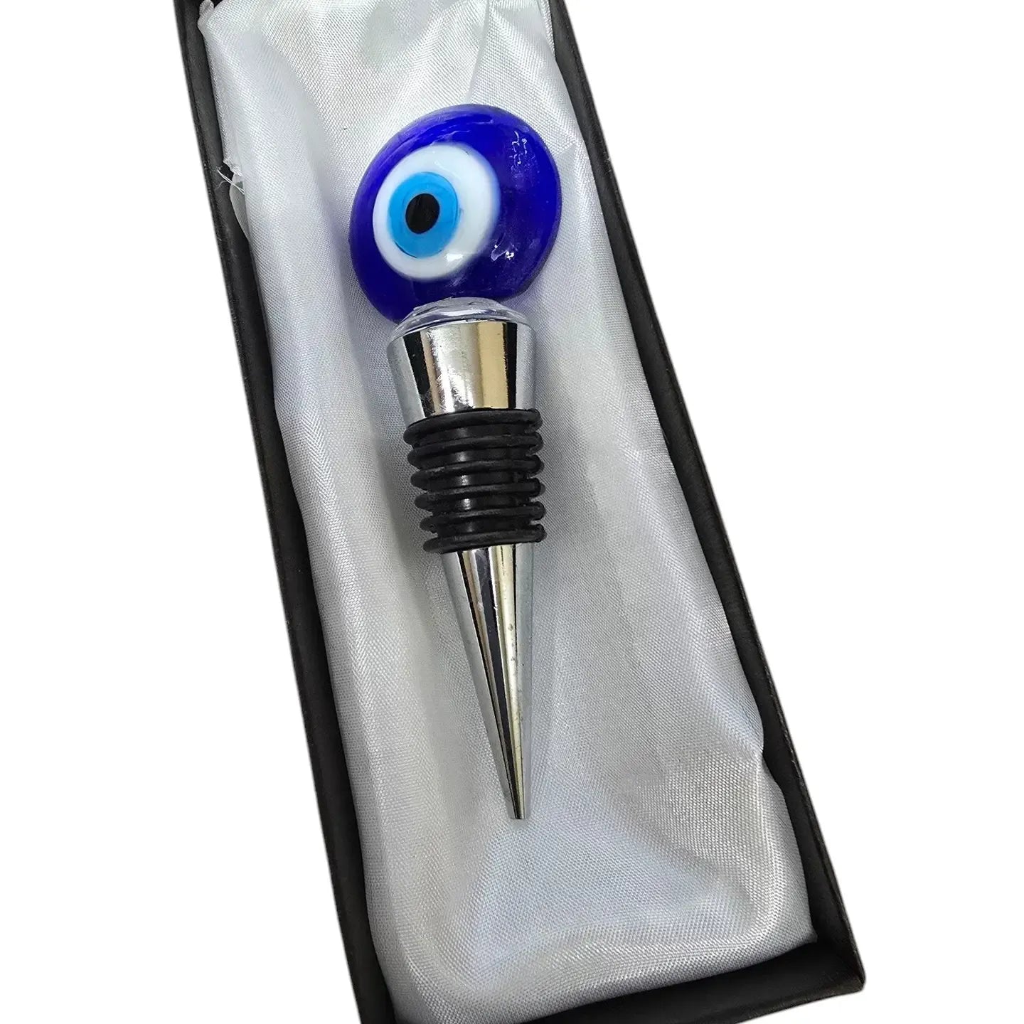 Wine bottle stopper with blue evil eye design in packaging