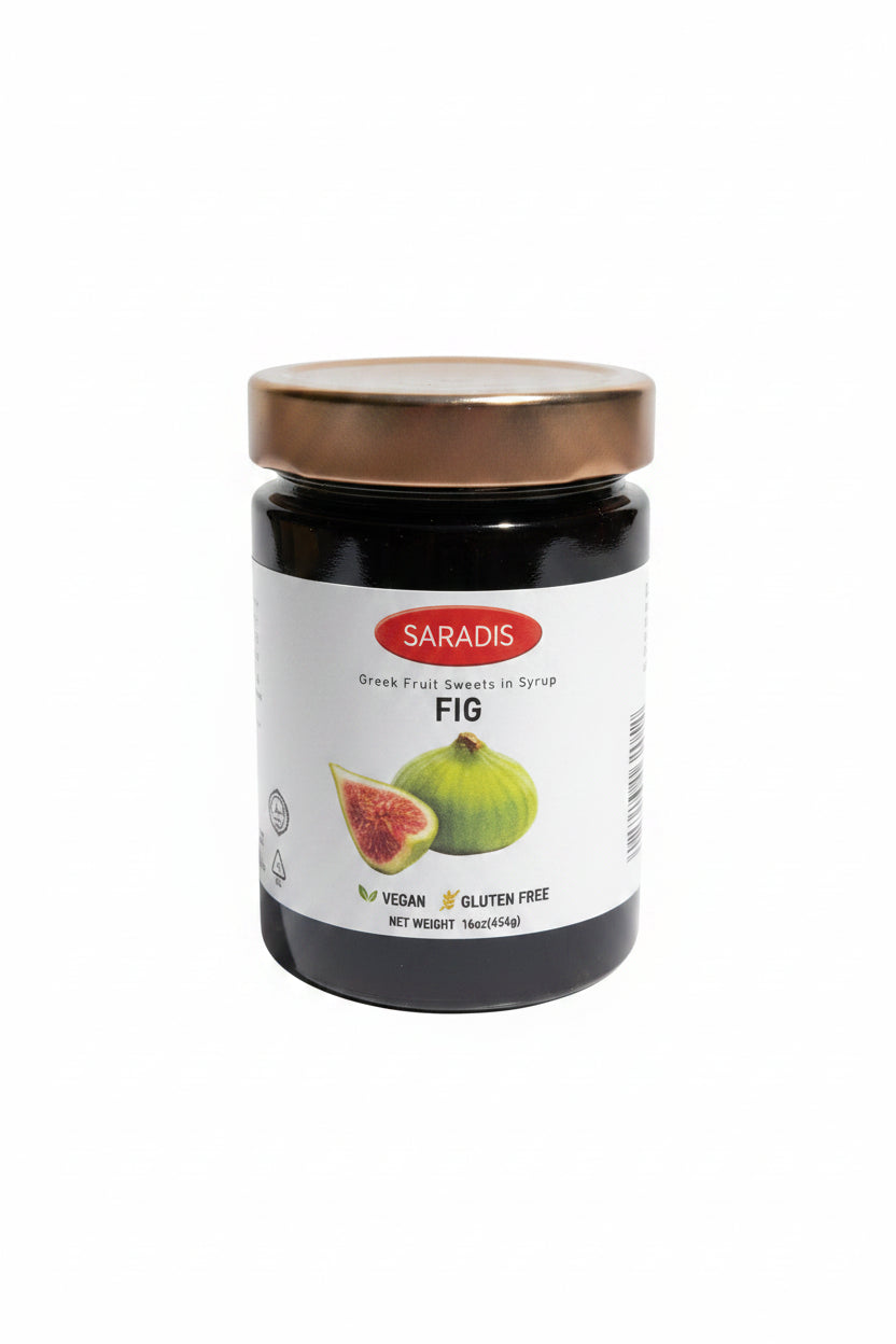 Jar of Saradis fig fruit spread on a wooden table outdoors