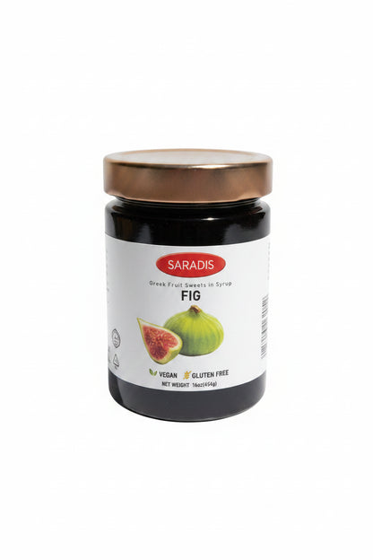 Jar of Saradis fig fruit spread on a wooden table outdoors