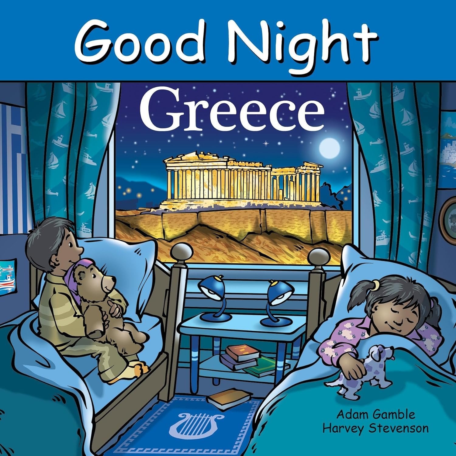 Children's book cover titled 'Good Night Greece' with a scene of two children in bed and the Acropolis on a screen.