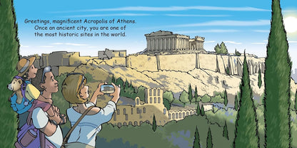 Cartoon illustration of tourists at the Acropolis of Athens with text overlay.