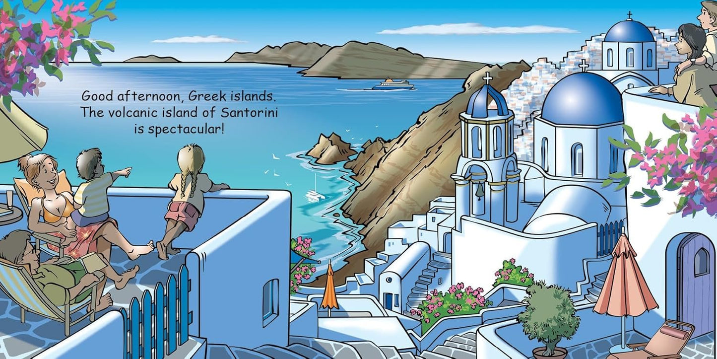 Santorini island with blue domed churches and people relaxing by a cliff near the sea.