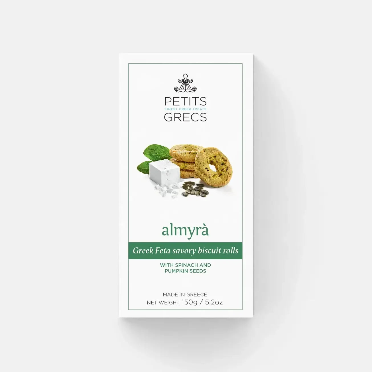 Packaging of Petits Grecs Greek Feta savory biscuit rolls with ingredients on a white background