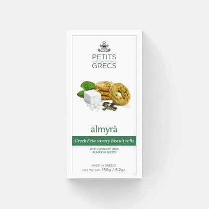 Packaging of Petits Grecs Greek Feta savory biscuit rolls with ingredients on a white background