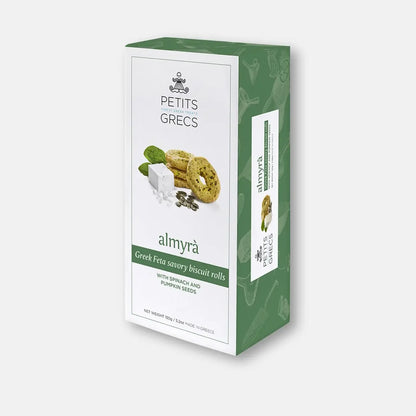 Box of almyra Greek Feta savory biscuit rolls with green and white design on a light gray background