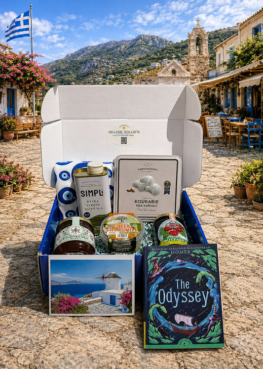 Box of Greek products with scenic background