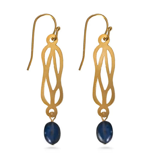Gold earrings with blue stones on a white background