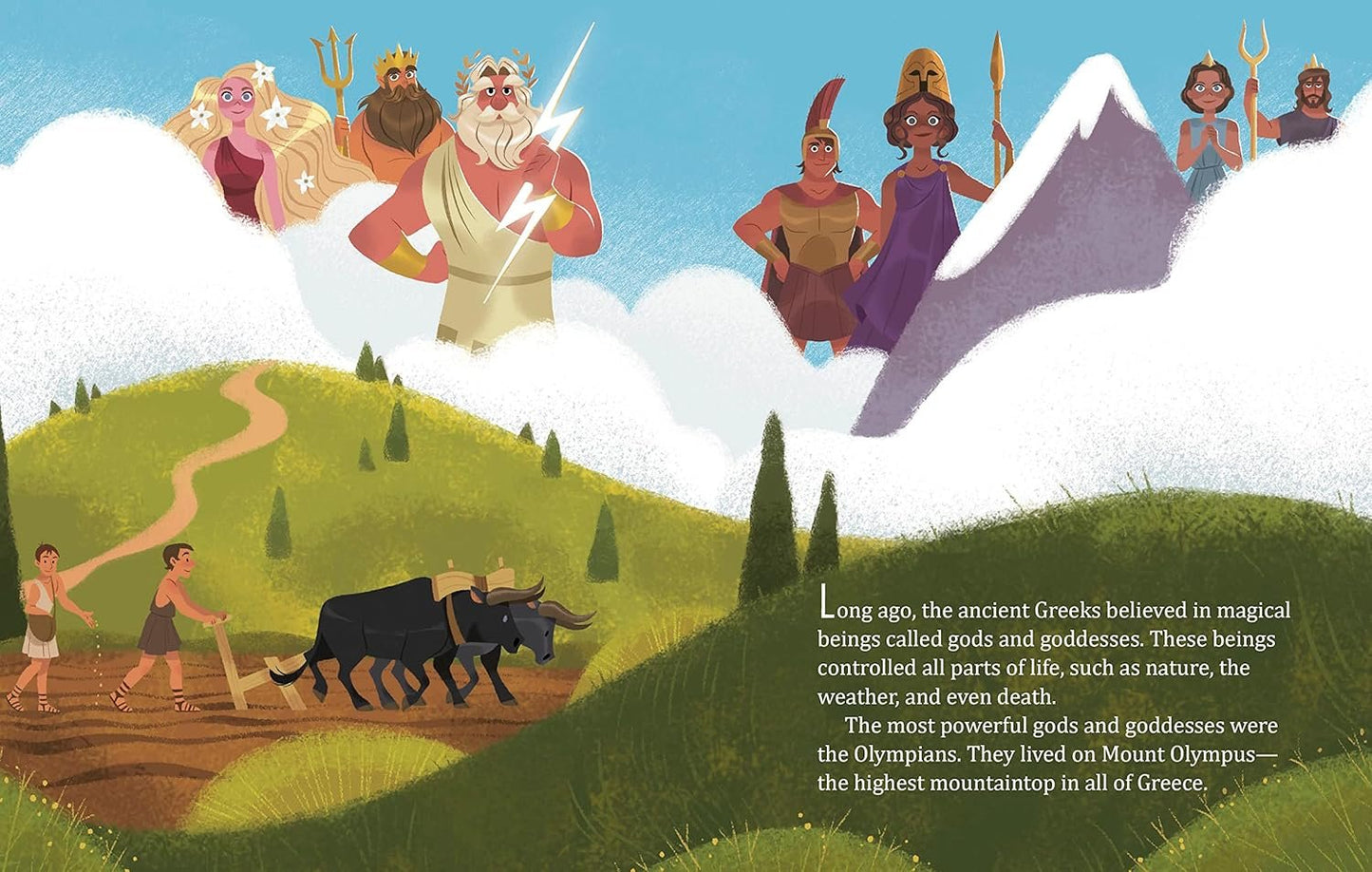 Illustration of Greek gods on Mount Olympus with a landscape below