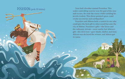 Illustration of a character with a trident riding a horse on waves, with text about Poseidon