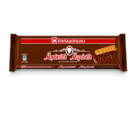 Chocolate covered cookies packaging with brand logo on a white background