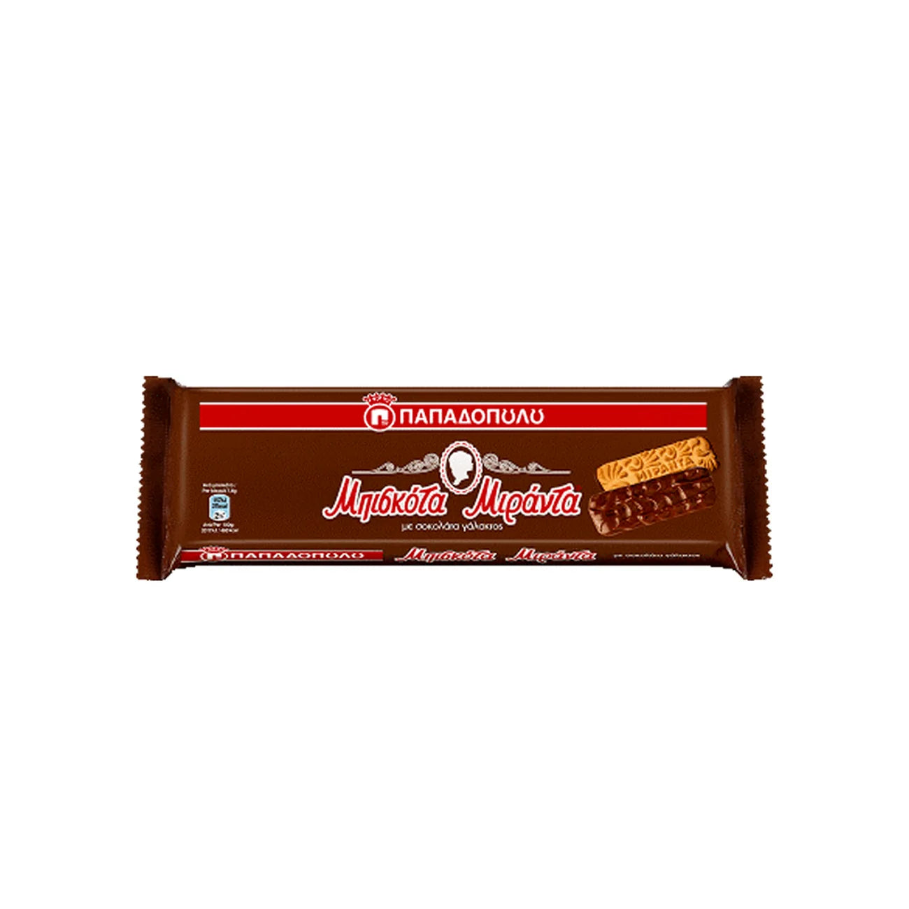 Papadopoulos Chocolate Covered Miranda Biscuits package on a white background