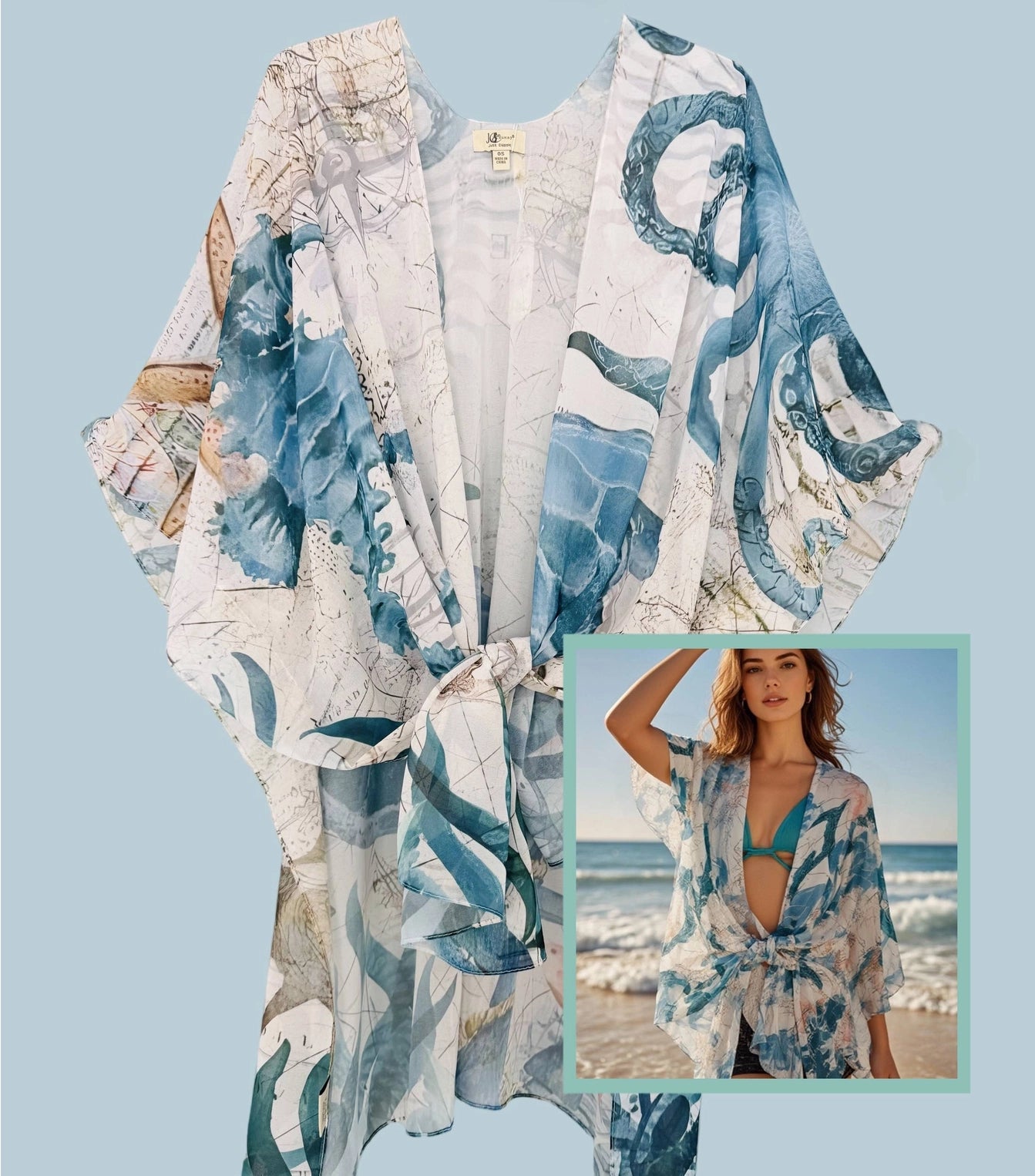 Kimono-style garment with sea horse design on a light blue background, with a inset of a person wearing it on a beach.