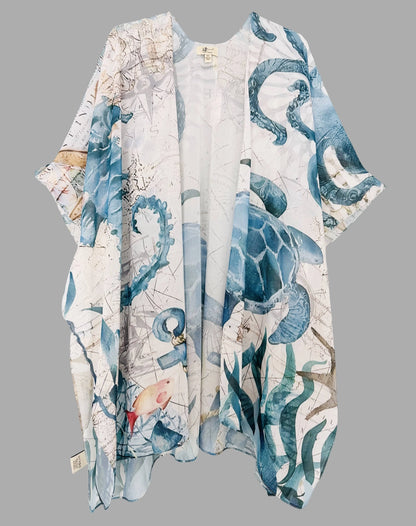 Long, light-colored kimono with blue and green sea-themed patterns on a gray background