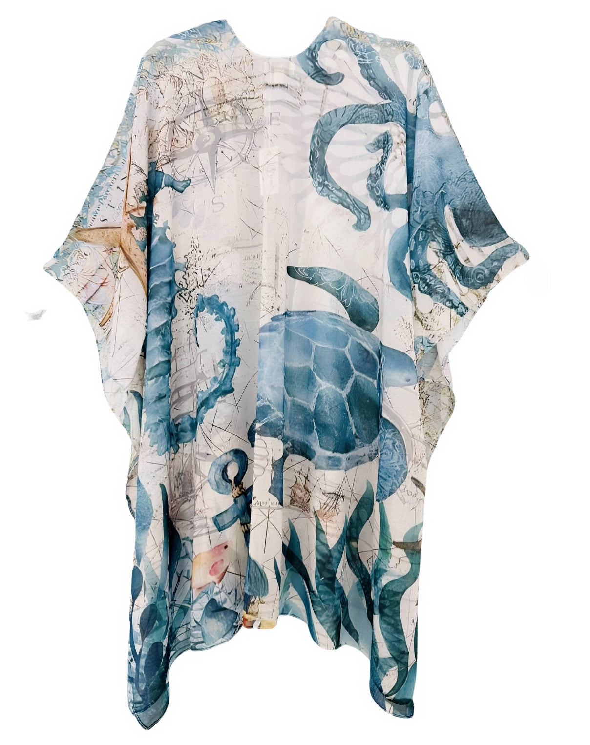 Seashell patterned kimono-style garment on a white background