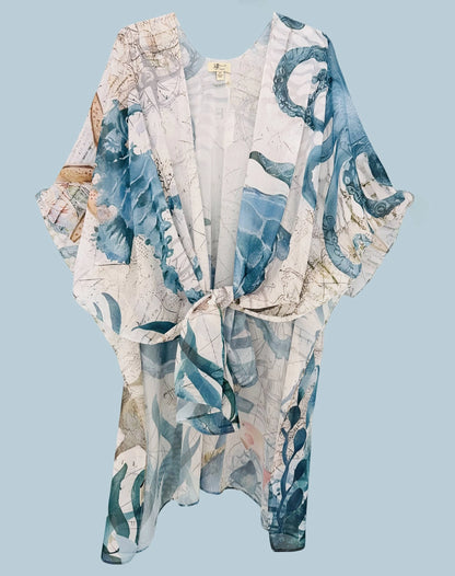 Sea creature-patterned kimono on a light blue background