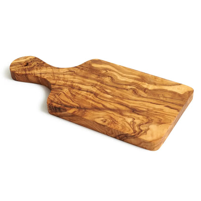 Wooden cutting board with handle on a white background