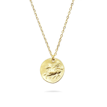 Gold necklace with a round Pegasus pendant on a white background
