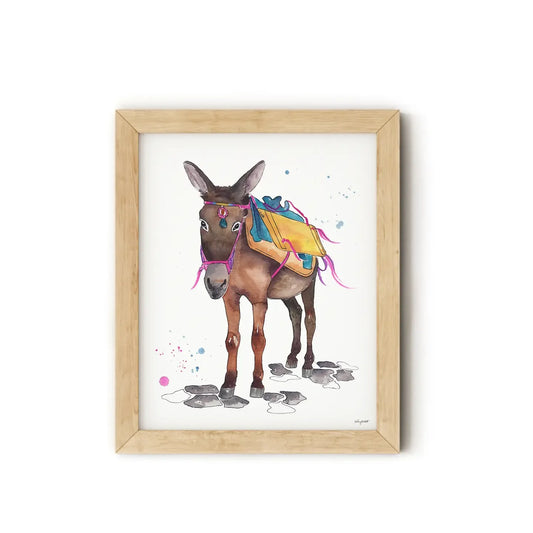 Framed illustration of a donkey with colorful saddle on a white background