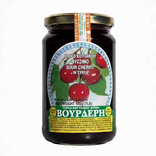 Vouderis Sour Cherry Spoon Sweet Jar on a wooden surface