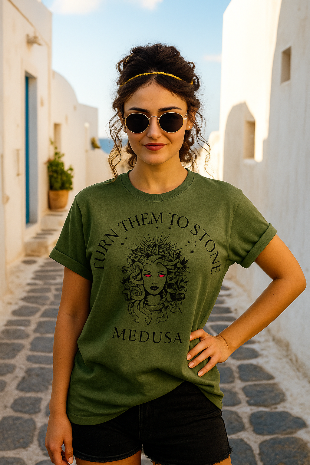 Woman wearing a military green t-shirt with a graphic design of Medusa and the text "TURN THEM TO STONE" standing in a Greek island alleyway