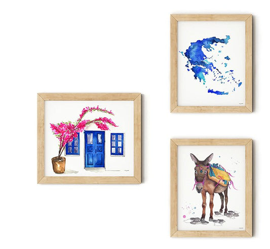 Set of three framed Greek artworks on a white background - blue doors, blue map, donkey