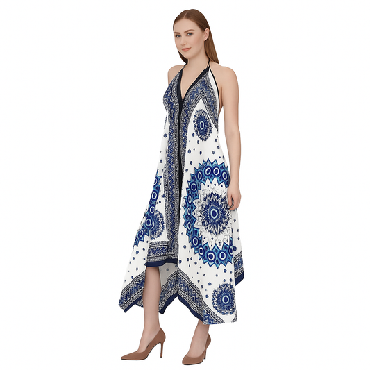 Woman wearing a white dress with blue patterns mati (evil eye) on a white background