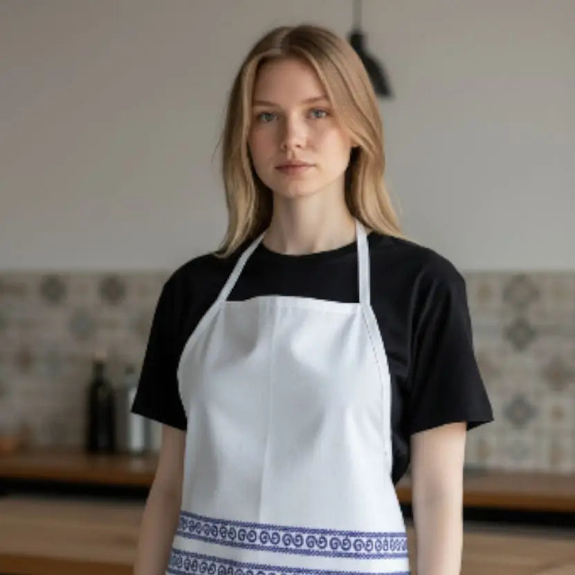 Woman wearing a white apron with a blue pattern in a kitchen setting
