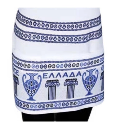 White skirt with blue Greek-themed pattern on a white background
