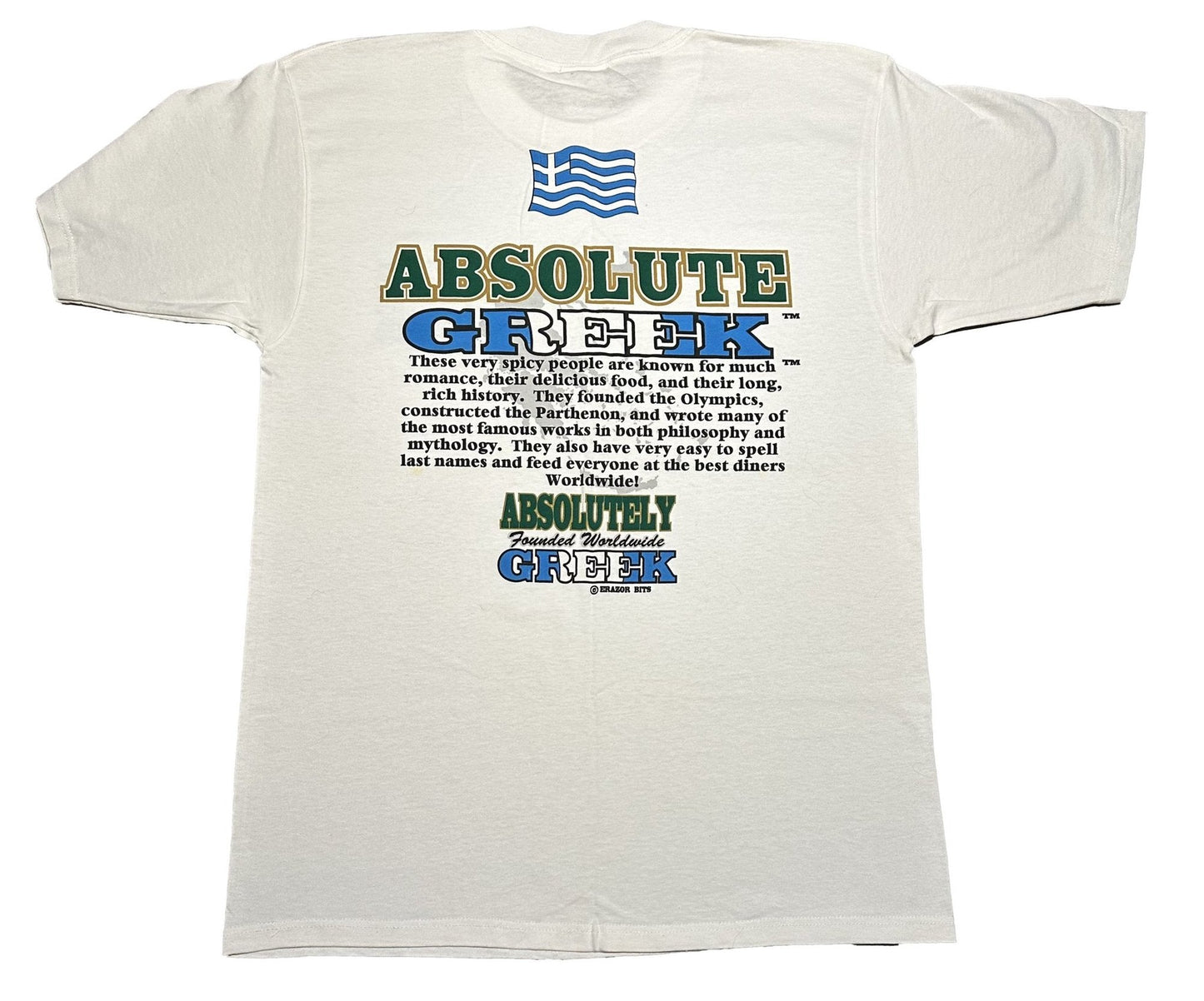 White t-shirt with 'Absolute Greek' text and graphics on a white background